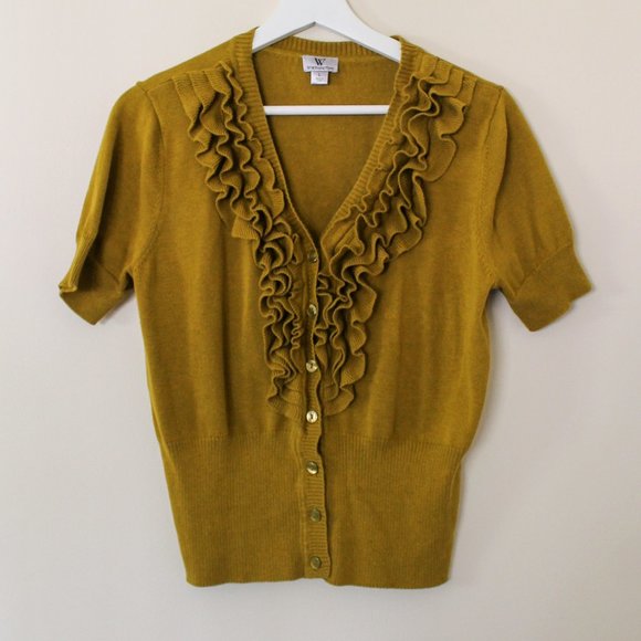 Worthington Sweaters - Worthington Short Sleeve Chartreuse Ruffle Cardigan Large